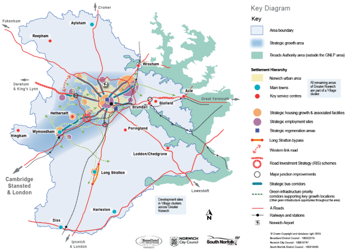 Map of Norwich and surrounding areas showing settlement hierarchy, transport routes, and development zones.